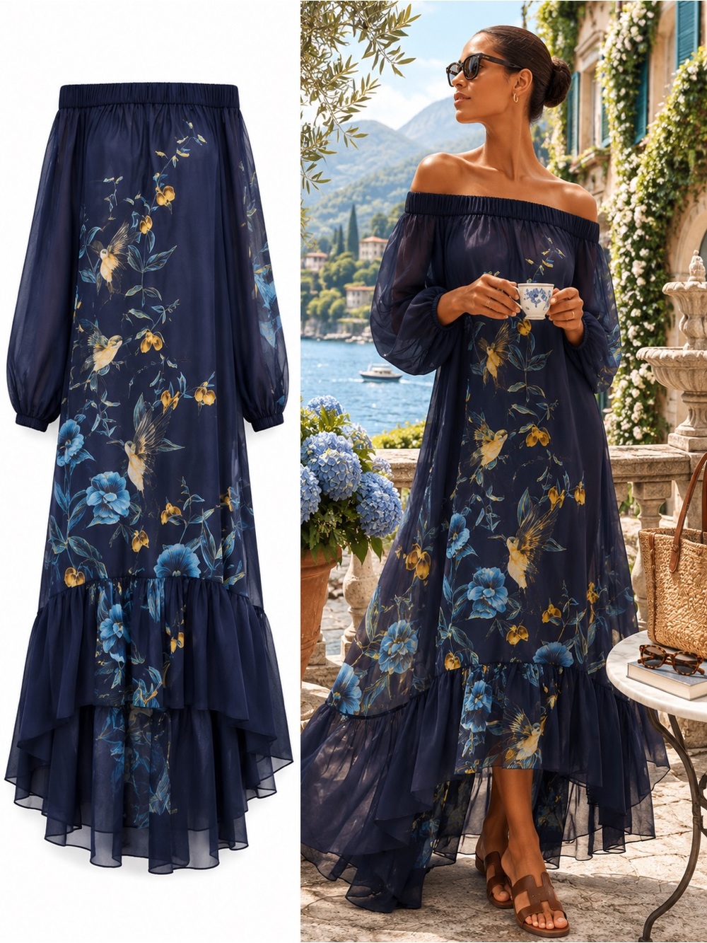 Ted Baker London Navy Blue Floral Off-Shoulder Maxi Dress